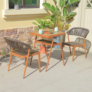 Bộ bàn ghế ngoài trời 3 món khung sắt giả gỗ, bàn tích hợp nướng BBQ, phù hợp ban công