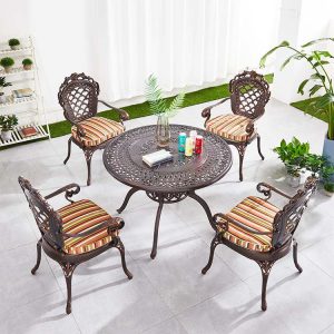 Bộ bàn ghế nhôm đúc ngoài trời 4 ghế, phong cách châu Âu, nệm sọc nhiều màu