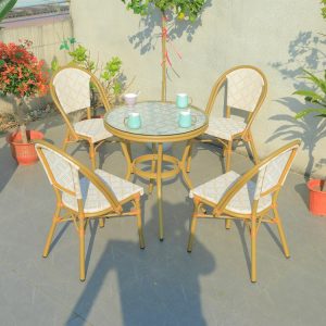 Bộ bàn tròn 4 ghế giả mây màu vàng trắng ngoài trời, phù hợp sân vườn