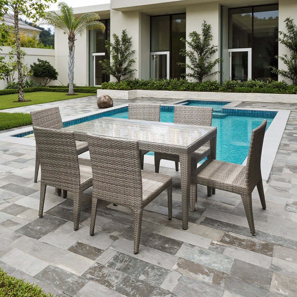 Bộ bàn ghế ăn sân vườn giả mây 6 ghế màu ghi xám đặt cạnh hồ bơi sang trọng