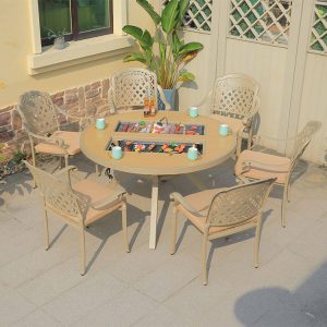 Bộ bàn ghế sân vườn nhôm 7 món, bàn tròn tích hợp bếp nướng BBQ, ghế hoa văn cổ điển, có nệm ngồi