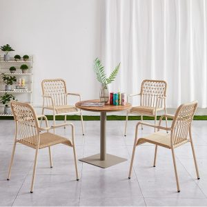 Bộ bàn ghế sân vườn 4 ghế khung nhôm đan dây rope, mặt bàn tròn vân gỗ, phong cách hiện đại