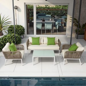 Bộ sofa sân vườn 4 món khung nhôm, dây rope, nệm kem gối xanh đặt cạnh hồ bơi