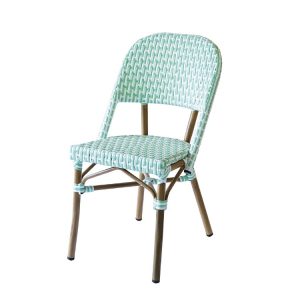 Ghế sân vườn giả mây nhôm sơn vân tre, đan tay màu xanh mint trắng, kiểu Pháp