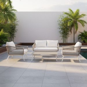 Bộ sofa sân vườn 4 món khung nhôm dây rope, nệm trắng, đặt ngoài trời sang trọng