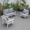 Bộ sofa sân vườn 4 món khung nhôm trắng, nệm ghi xám, đặt ngoài trời hiện đại