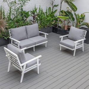 Bộ sofa sân vườn 4 món khung nhôm trắng, nệm ghi xám, đặt ngoài trời hiện đại