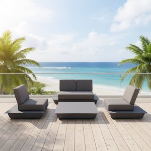 Bộ sofa sân vườn 4 món khung nhôm hiện đại đặt ngoài trời, view biển sang trọng