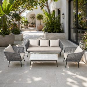 Bộ sofa sân vườn 4 món khung nhôm dây rope hiện đại, nệm kem, bàn mặt đá, đặt ngoài trời sang trọng
