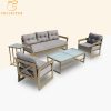 Bộ sofa sân vườn nhôm 4 món hiện đại, nệm ghi xám, mặt bàn kính cường lực