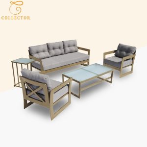 Bộ sofa sân vườn nhôm 4 món hiện đại, nệm ghi xám, mặt bàn kính cường lực