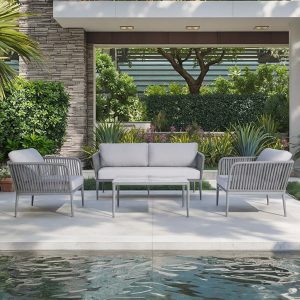Bộ sofa sân vườn 4 món khung nhôm dây rope màu xám nhạt đặt cạnh hồ bơi, phong cách hiện đại