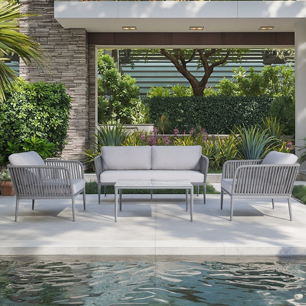 Bộ sofa sân vườn 4 món khung nhôm dây rope màu xám nhạt đặt cạnh hồ bơi, phong cách hiện đại