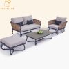 Bộ sofa sân vườn 4 món khung nhôm, đan dây giả mây, nệm ghi, bàn trà mặt phẳng hiện đại