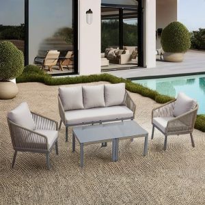 Bộ sofa sân vườn 4 món khung nhôm dây rope hiện đại đặt cạnh hồ bơi