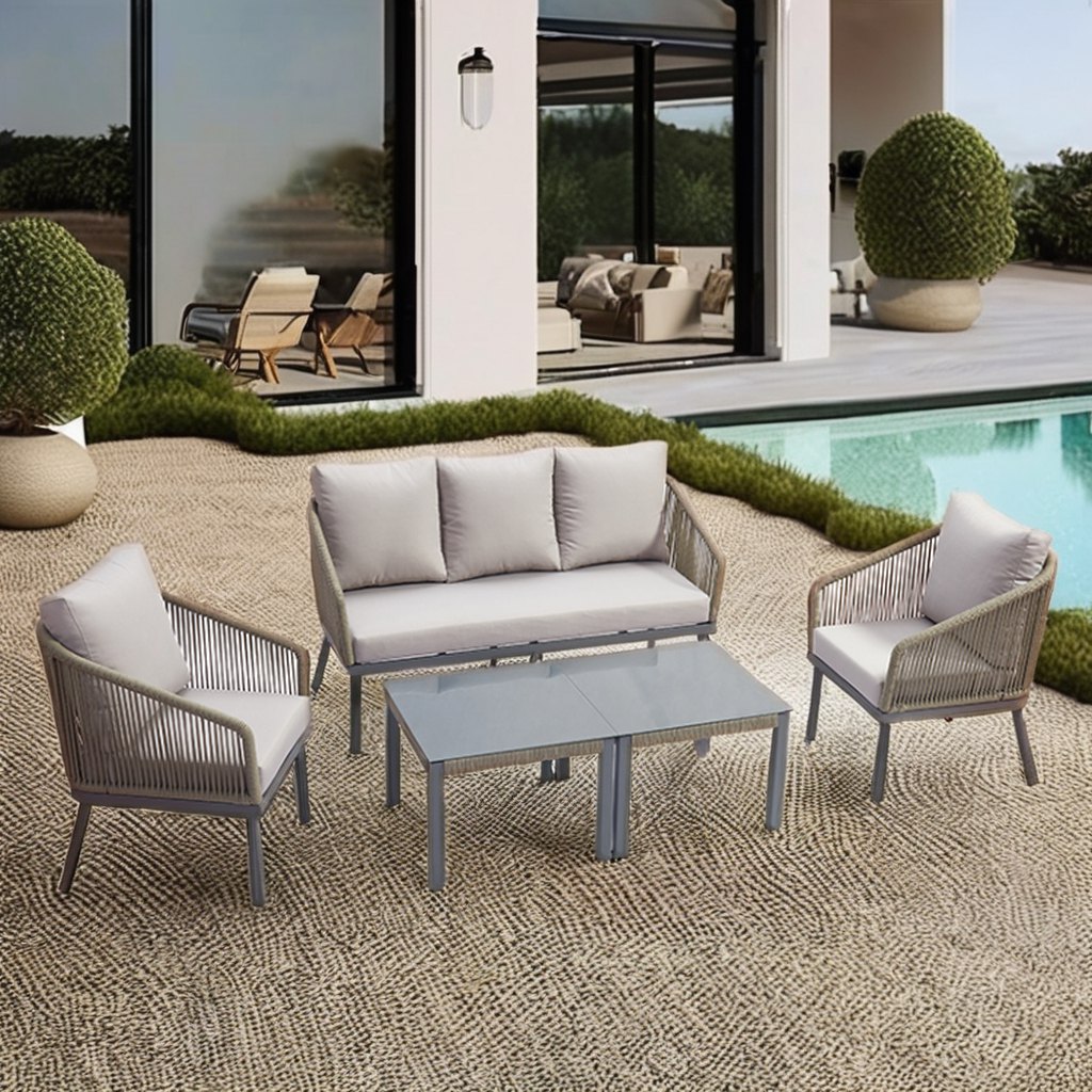 Bộ sofa sân vườn 4 món khung nhôm dây rope hiện đại đặt cạnh hồ bơi