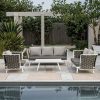 Bộ sofa sân vườn 4 món hiện đại, đan dây rope, khung nhôm, kèm bàn trà ngoài trời