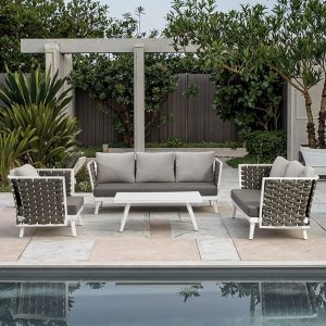 Bộ sofa sân vườn 4 món hiện đại, đan dây rope, khung nhôm, kèm bàn trà ngoài trời
