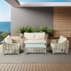 Bộ sofa sân vườn 4 món giả mây hiện đại, nệm kem, thích hợp ngoài trời
