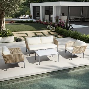 Bộ sofa sân vườn 4 món khung nhôm dây rope hiện đại đặt cạnh hồ bơi