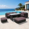 Bộ sofa sân vườn giả mây 5 món hiện đại đặt cạnh hồ bơi, nệm nâu xám sang trọng