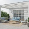 Bộ sofa sân vườn 4 món khung nhôm giả gỗ, nệm xanh dương nhạt, phong cách hiện đại Bắc Âu ngoài trời