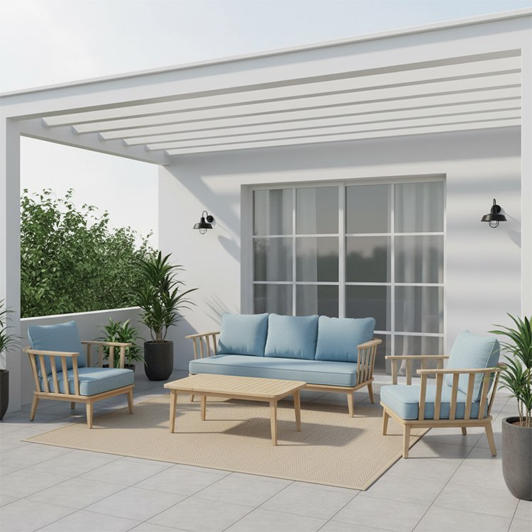 Bộ sofa sân vườn 4 món khung nhôm giả gỗ, nệm xanh dương nhạt, phong cách hiện đại Bắc Âu ngoài trời
