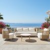 Bộ sofa sân vườn khung nhôm đan dây rope, nệm kem, view biển sang trọng