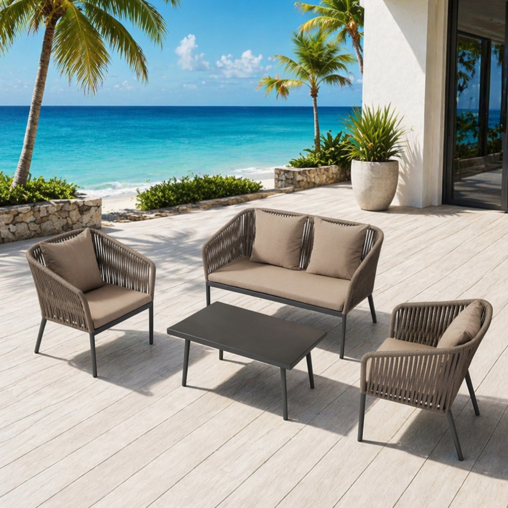 Bộ sofa sân vườn khung nhôm đan dây rope hiện đại, gồm 1 sofa đôi, 2 ghế đơn, 1 bàn trà, đặt ngoài trời cạnh biển