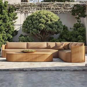 Bộ sofa góc L ngoài trời khung gỗ teak, nệm nâu sang trọng đặt sân vườn