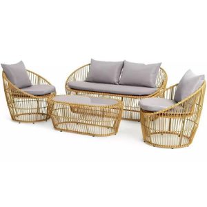 Bộ sofa sân vườn 4 món giả mây màu vàng nhạt, nệm ghi xám hiện đại