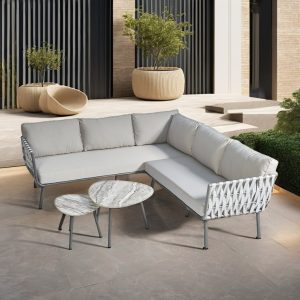 Bộ sofa sân vườn góc L khung nhôm dây đan hiện đại kèm bàn trà mặt đá, phù hợp ngoài trời