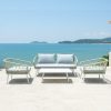 Bộ sofa sân vườn 4 món khung nhôm, dây rope, nệm xanh nhạt đặt ngoài trời hướng biển