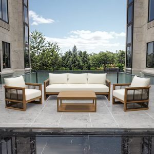 Bộ sofa sân vườn gỗ teak 4 món đặt ngoài trời, nệm kem, phong cách hiện đại