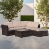 Bộ sofa sân vườn góc L nhựa giả mây nâu, nệm be, bàn kính, đặt ngoài trời sang trọng