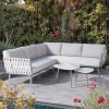 Bộ sofa sân vườn góc L khung nhôm dây rope, nệm xám, bàn trà vân đá ngoài trời