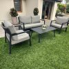 Bộ sofa sân vườn 4 món khung nhôm dây rope, nệm ghi xám, đặt ngoài trời trên cỏ nhân tạo