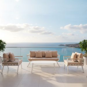 Bộ sofa sân vườn nhôm trắng 4 món, nệm be, đặt ngoài trời view biển sang trọng
