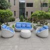 Bộ sofa sân vườn 4 món khung nhôm đan dây rope màu xám, nệm xanh dương nổi bật, đặt ngoài trời sang trọng