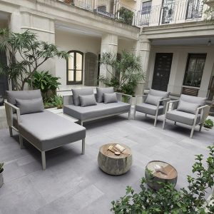 Bộ sofa sân vườn hiện đại khung nhôm, nệm ghi, phù hợp ban công hoặc sân vườn