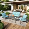 Bộ sofa sân vườn nhôm đúc 4 món, nệm xanh dương, bối cảnh sân vườn hiện đại