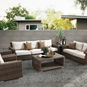 Bộ sofa giả mây ngoài trời 4 món, nệm kem, phong cách hiện đại cho sân vườn