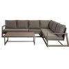 Bộ sofa sân vườn góc L nhôm sơn tĩnh điện, nệm dày màu nâu xám, bàn trà đồng bộ
