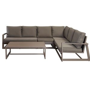 Bộ sofa sân vườn góc L nhôm sơn tĩnh điện, nệm dày màu nâu xám, bàn trà đồng bộ