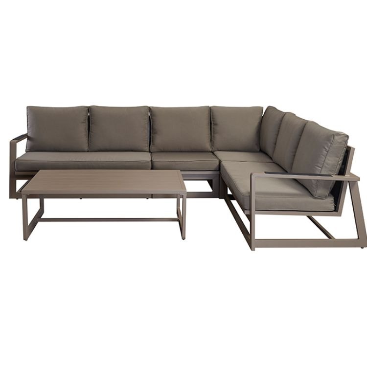 Bộ sofa sân vườn góc L nhôm sơn tĩnh điện, nệm dày màu nâu xám, bàn trà đồng bộ