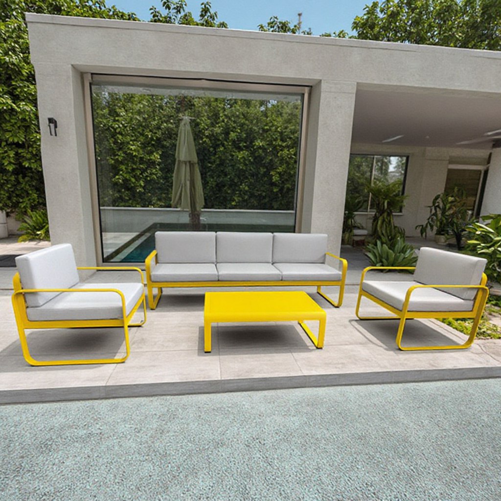 Bộ sofa sân vườn nhôm sơn tĩnh điện vàng, nệm ghi, 4 món đặt ngoài trời hiện đại