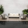 Bộ sofa sân vườn 4 món hiện đại, khung nhôm đan dây nhựa giả mây, nệm kem sang trọng