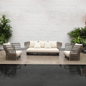 Bộ sofa sân vườn 4 món hiện đại, khung nhôm đan dây nhựa giả mây, nệm kem sang trọng