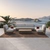 Bộ sofa sân vườn 4 món khung nhôm, dây nhựa giả mây, nệm ghi, bối cảnh ngoài trời sang trọng