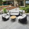Bộ sofa sân vườn 4 món khung nhôm đan dây nhựa giả mây, nệm ghi sáng, bàn trà mặt kính, phong cách hiện đại ngoài trời